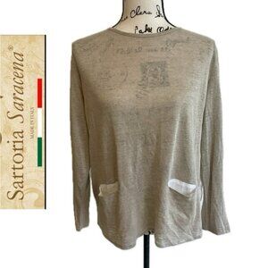 SARTORIAL SARACENA ANTHROPOLOGIE 100%LINEN BLOUSE SZ M TAN WHITE MADE IN ITALY